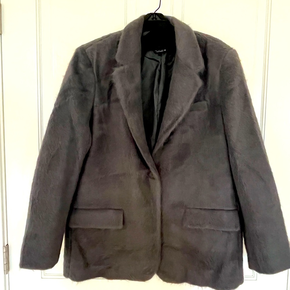 Zara Fuzzy Textured Gray Oversized Blazer Jacket - Picture 2 of 5